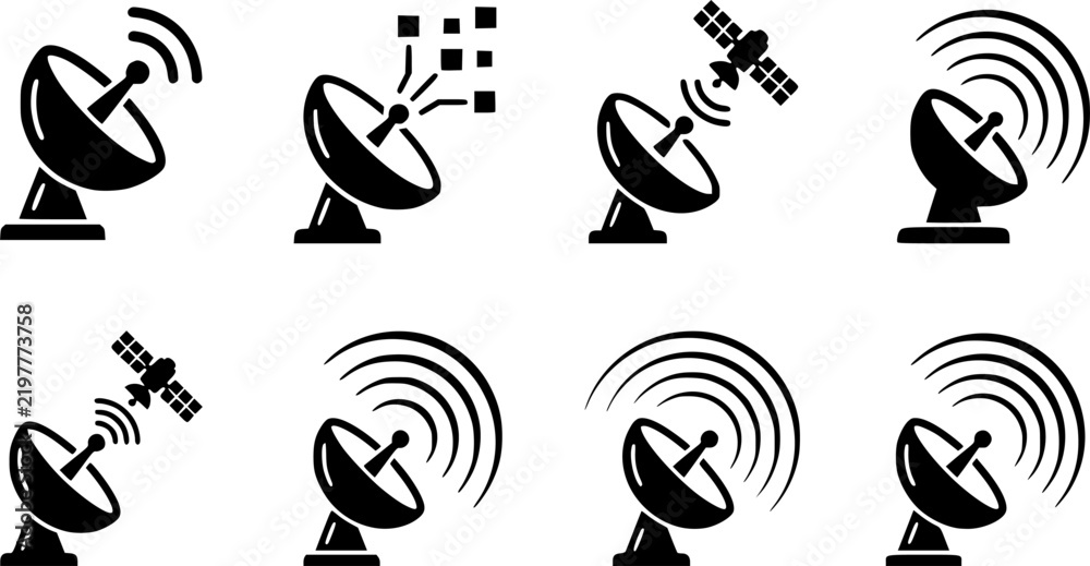 Obraz premium Set of four satellite dish icons representing communication technology and data transmission 