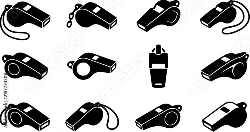 Set of four different sport whistle icon designs for athletic competition
