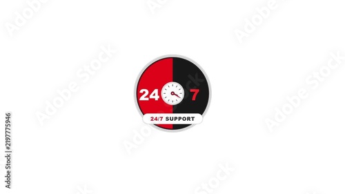 Rotating clock motion graphic showing constant support service for global clients with dynamic red 4K animation.