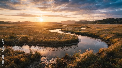 Serpentine river winding through a golden marshland at sunrise dramatic clouds reflecting in the water serene natural landscape for travel and nature themes