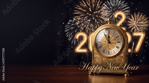 Gold clock at midnight with 2027 neon sign and fireworks for New Year celebration background