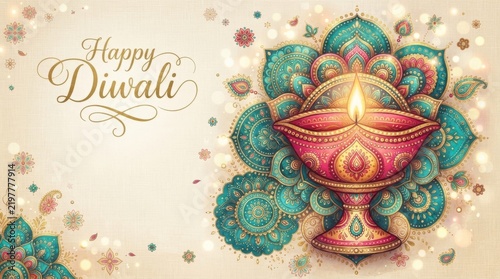 Happy Diwali greeting card illustration with ornate decorative lit diya lamp and colorful floral mandala pattern