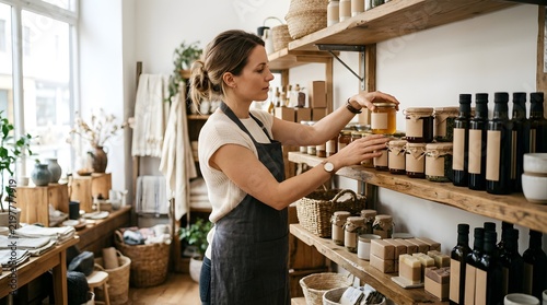 Female store worker arranging organic honey jars on wooden retail shelves
