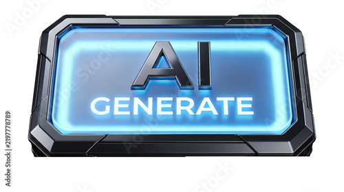 Metallic AI generate badge glows with vibrant cyan neon lighting against a clean transparent backdrop.