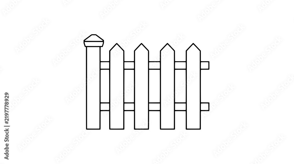 Obraz premium Minimalist black and white line art vector illustration of a classic pale wooden picket fence section with pointed slats and post with decorative cap for garden yard and property boundary design