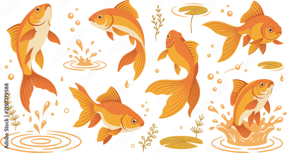 Obraz premium Goldfish and Pond Life Vector Illustration Set with Orange Aquarium Fish Swimming Jumping Splashing Water Drops Seaweed and Lily Pads Icons