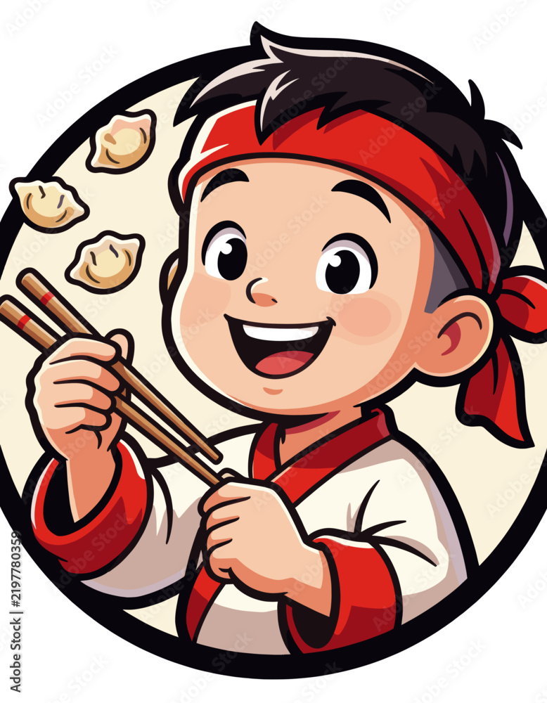 Fototapeta premium Cheerful Boy Holding Chopsticks with Smiling Dumplings