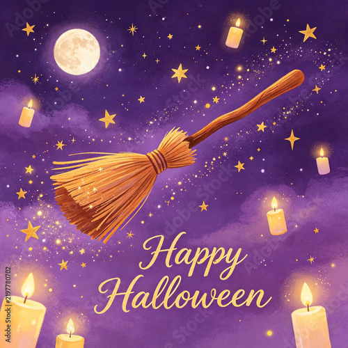 charming halloween illustration with witch broom