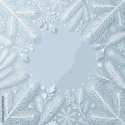 Winter Foliage Frame on Soft Blue Background