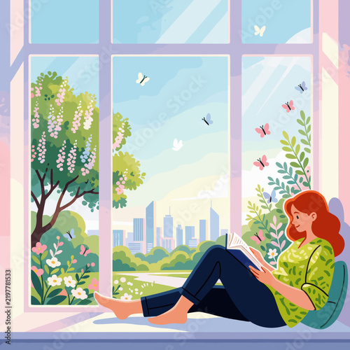 Woman Reading Book by Large Window Overlooking Cityscape and Garden
