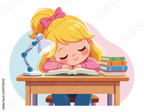 Young Girl Sleeping at Desk with Books and Lamp