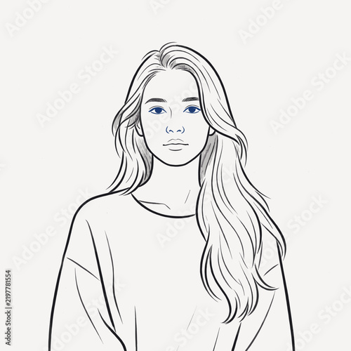 Young Woman with Long Hair Looking Directly at Camera, Minimalist Line Art Portrait