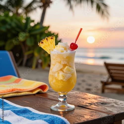 Obraz na płótnie Beachside Sunset Drink with Pineapple and Cherry