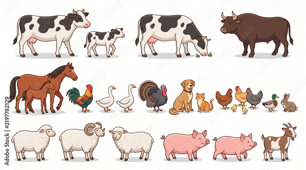 Obraz premium A charming vector collection of friendly farm animals featuring cows, a horse, sheep, pigs, poultry, and pets nicely arranged on a clean white background. 
