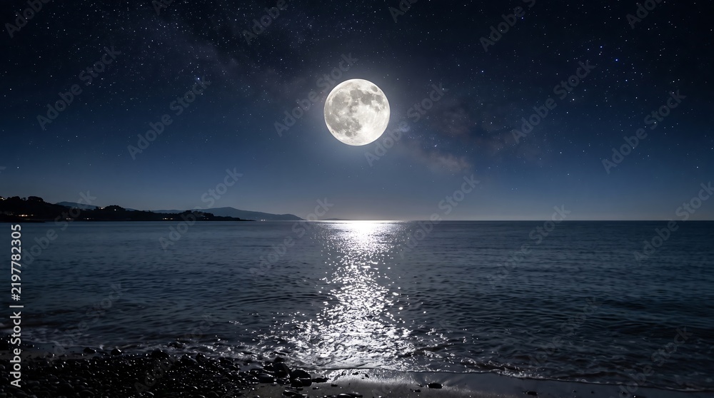 Fototapeta premium Complete Moonlit Seascape Over Calm Ocean Under Bright Moon