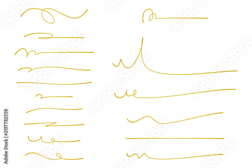 Set of golden decorative lines with flowing curves, swirls, loops, and smooth strokes