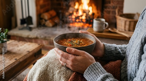 Person holding a bowl of hot soup by a cozy indoor fireplace