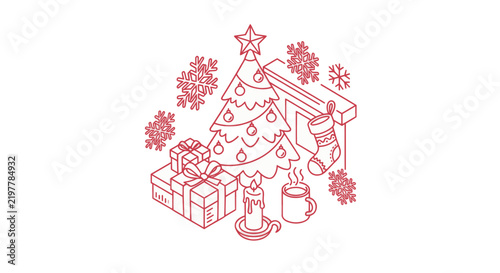 Corporate Minimalist Red Line Art Christmas Holiday Season with Tree Gifts Stockings Snowflakes and Mug