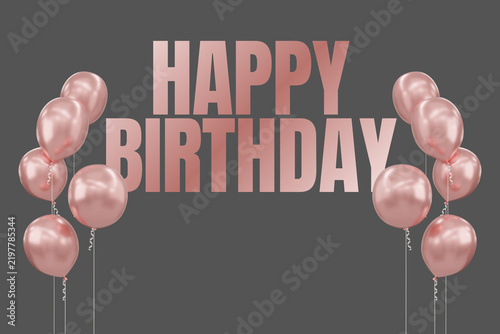 Photography Happy birthday text design with rose gold balloons on a dark background birthday