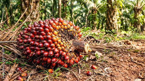 Freshly harvested oil palm fruit bunch lying on the ground in a plantation