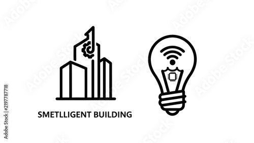 Smart building and connected light bulb icons illustrating io t and technology