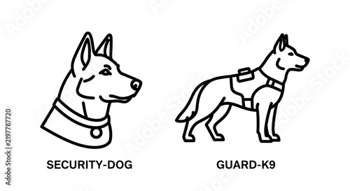 Security dog and guard k9 line art icons representing protection and safety