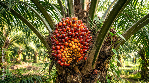 Healthy oil palm fruit bunch hanging on a lush green plantation tree