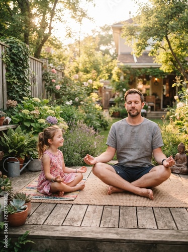 Father and daughter practicing mindfulness meditation on a wooden deck in a lush garden during golden hour