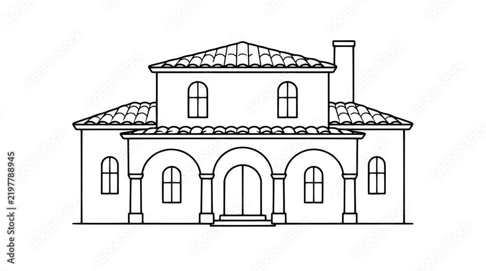 Obraz premium Elegant Mediterranean stucco villa vector illustration with arched front loggia, terracotta tile roofs, columns and arched windows, minimalist line art icon of luxury Spanish colonial estate home