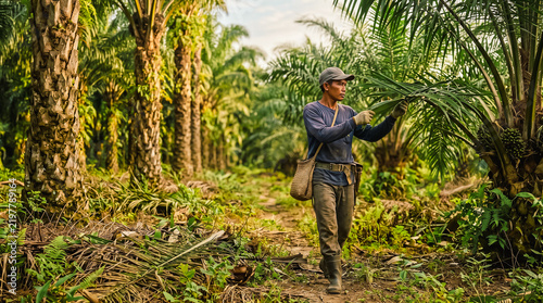Agricultural worker inspecting oil palm leaves while walking through a tropical plantation