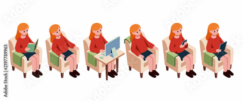 Woman Using Laptop and Phone in Modern Living Room Scene Illustration