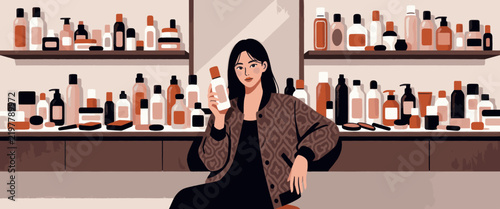 Woman Holding Skincare Bottle in Beauty Store Aisle