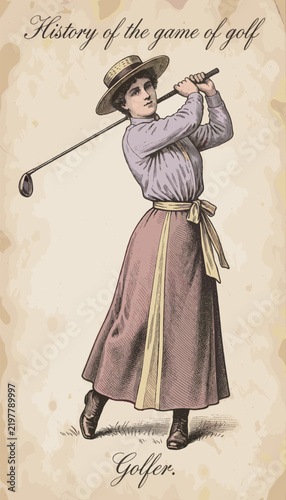 Woman Swinging Golf Club Vintage Illustration
