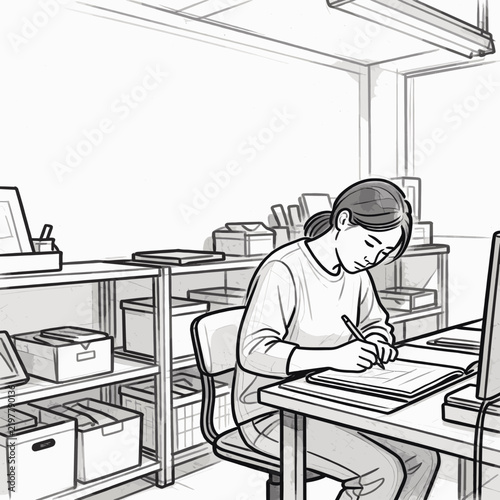 Young Woman Focused on Sketching at Desk in Office Workspace