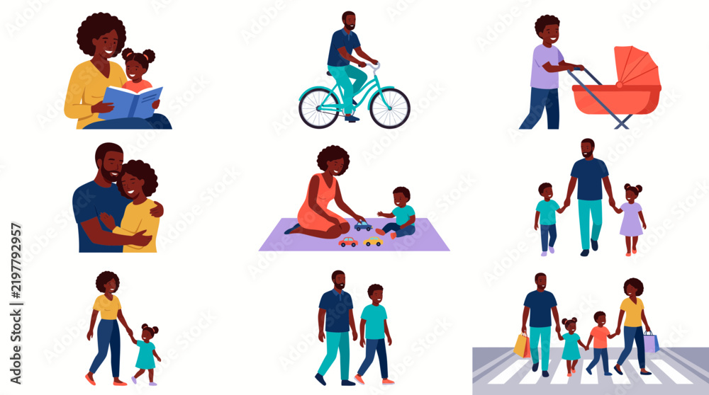 Fototapeta premium Black family lifestyle vector illustrations showcasing parent child activities, daily parenting routine and family bonding moments, concept for happy parenthood and diverse lifestyle