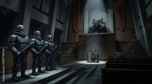 Dystopian courtroom scene with armored guards standing before a judge and a defendant.
