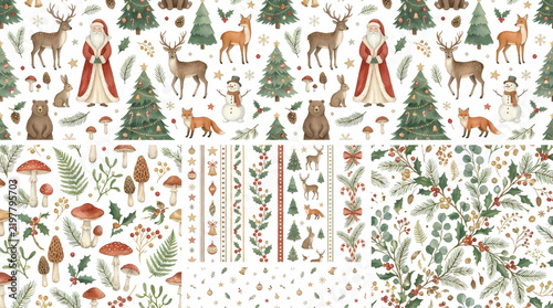 Scandinavian Christmas Woodland Watercolor Seamless Pattern Collection Forest Animals