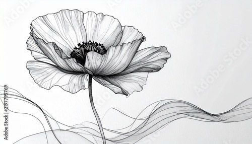 Minimalist continuous line art drawing of a blooming poppy flower on white