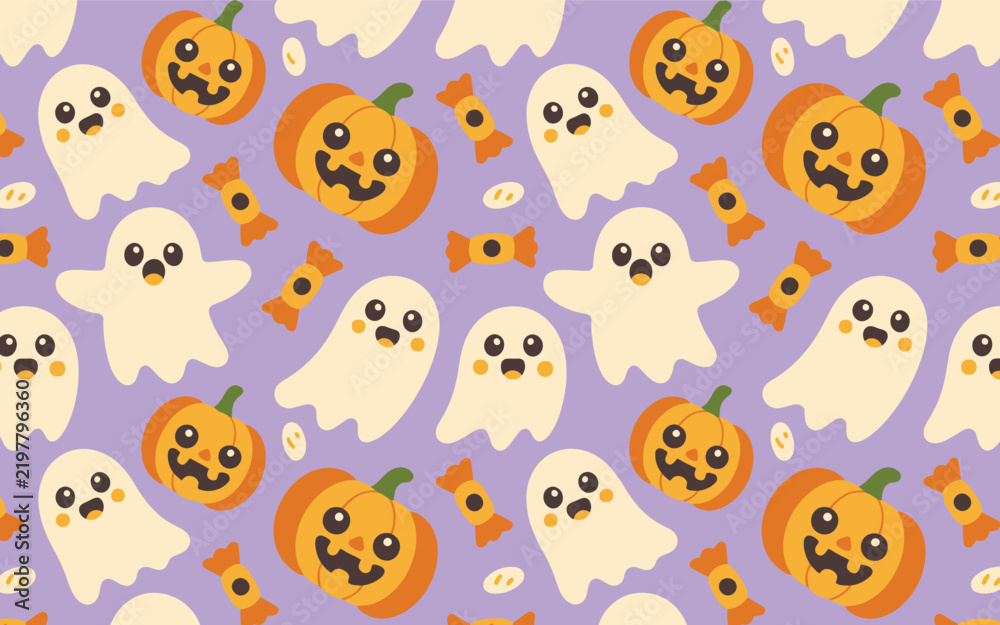 Obraz premium Halloween seamless pattern with pumpkins and white ghosts on light purple