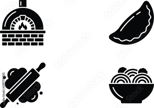 Foto Black silhouette Italian food and baking vector icon set featuring pizza oven pa
