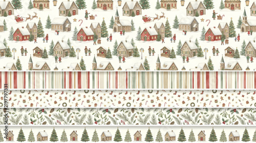 Cozy Christmas Village Watercolor Pattern Set Snowy Houses Festive Winter Collection