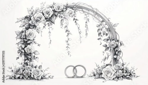 Hand-drawn floral wedding arch with rings.