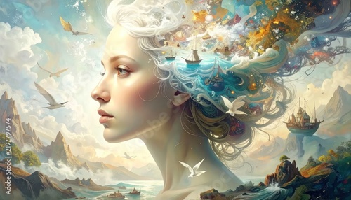 Ethereal woman with fantasy hair of birds and flowers.