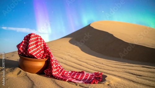 Red checkered cloth on desert sand under aurora.