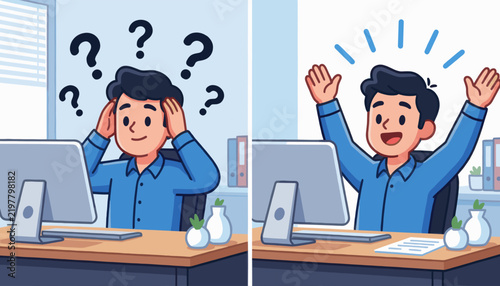 Man Solving Problem at Desk Transitions From Stressed to Happy