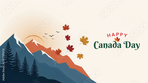 Beautiful artistic landscape illustration celebrating canada day with maple leaves and majestic mountains in a flat style