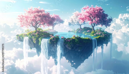 Floating island garden with pink cherry blossom trees.
