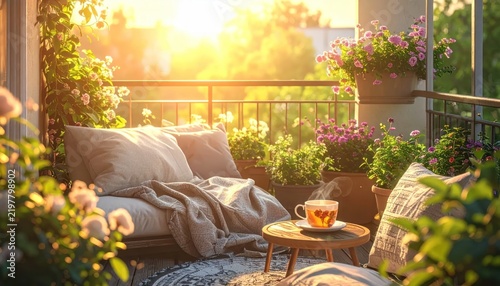 Cozy balcony garden with cushions and morning tea.