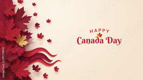 Elegant happy canada day greeting card design featuring beautiful red maple leaves on a soft beige background