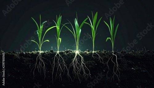 Glowing green sprouts with intricate illuminated root systems.